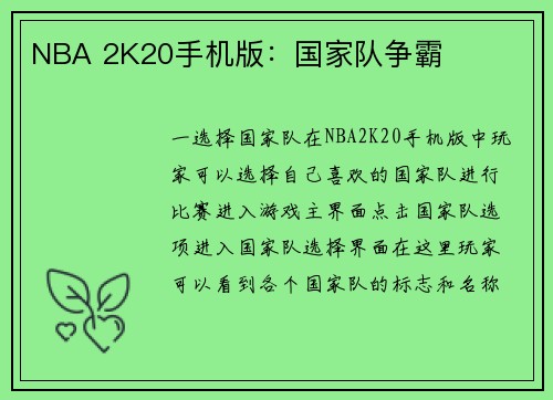NBA 2K20手机版：国家队争霸